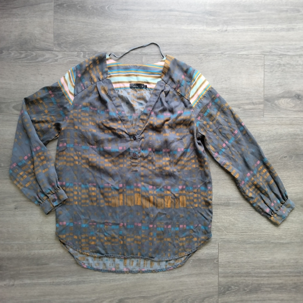 Prana Women's Size Small Long Sleeve Multicolor V-Neck Top Artsy Boho Blouse